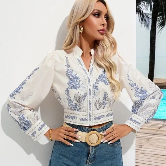 Cream Embellished Crop Blouse with Notched Collar - Picture 1 of 3